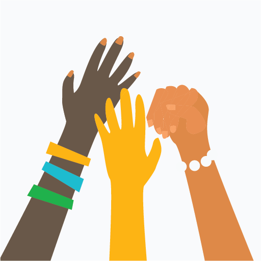 kuvituskuva, kolmen naisen kädet yhdessä kurottaa ylös